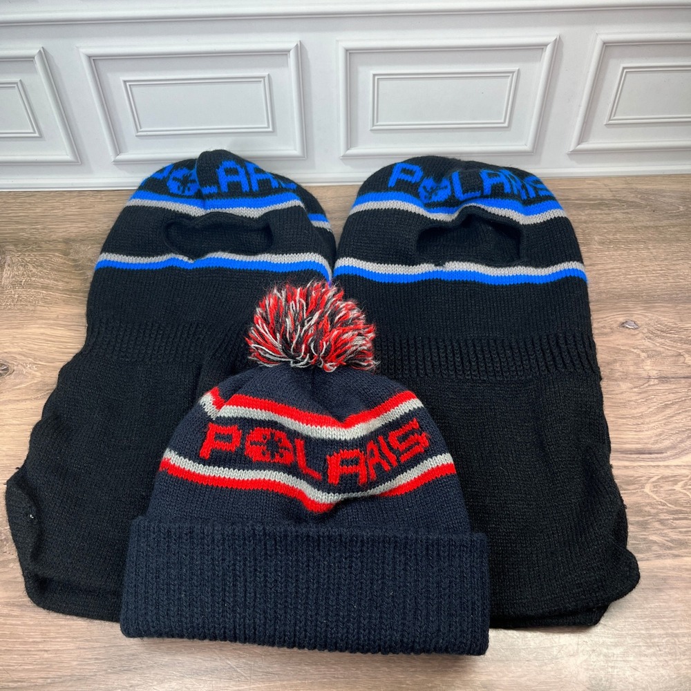 VTG Polaris Beanie Hat Balaclava Bundle Snowmobile Racing Black Knit Winter 3pc